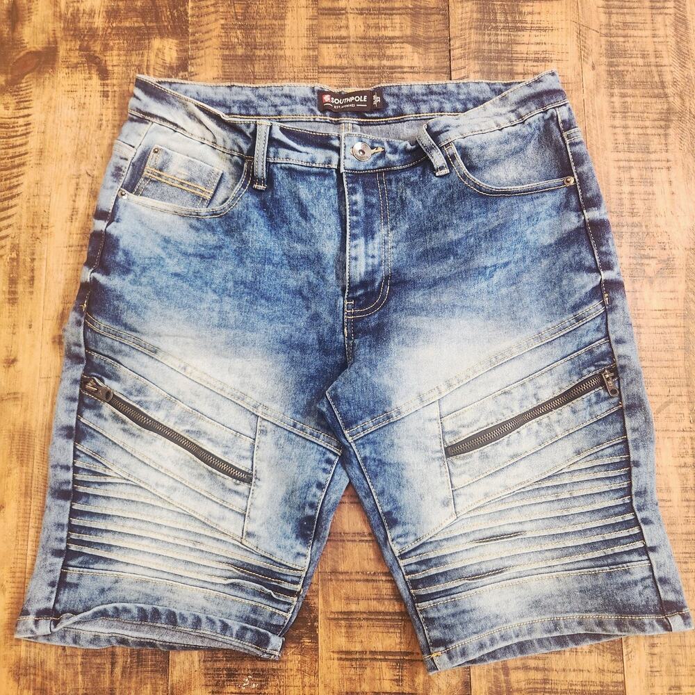 Southpole Jean Shorts Mens SLIM 32 Blue Slim Acid Wash Moto Style Baggy